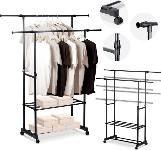 Stativ pentru haine Massido, negru, cu roți și rafturi