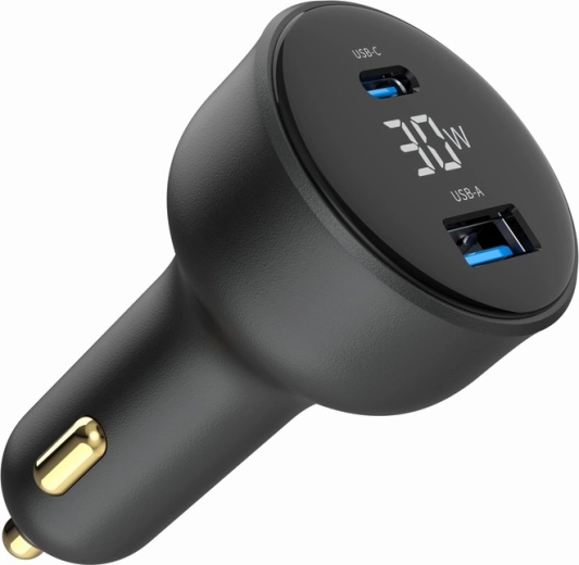 Încărcător auto rapid 30 W cu LCD, USB‑C PD și 2× USB‑A, negru