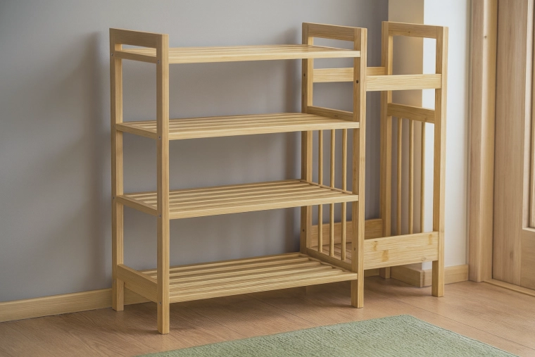 Etajeră din bambus cu 4 rafturi și compartiment lateral pentru umbrele 73,5 × 28 × 66 cm