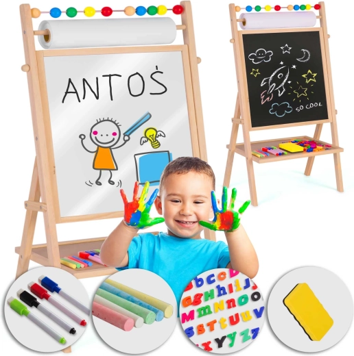 Tablă rotativă magnetică și cu cretă pentru copii, cu rolă de hârtie RICOKIDS