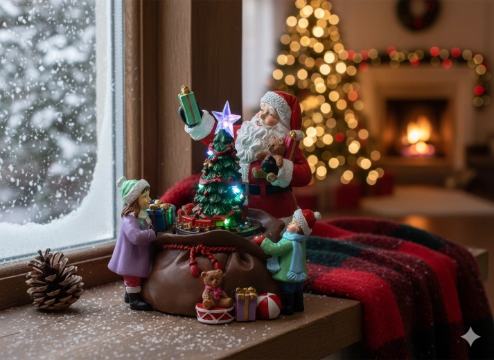 Decorațiune muzicală LED de Crăciun cu Moș Crăciun, brăduț și cadouri 20 × 19 × 19 cm