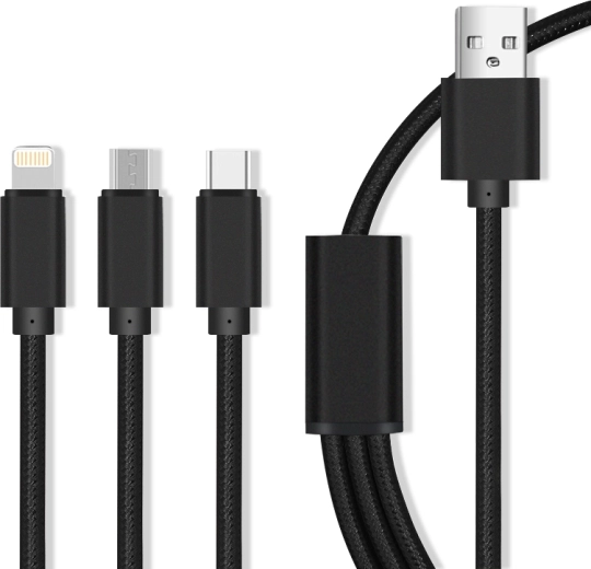 Maxlife cablu de încărcare din nailon 3‑în‑1 Micro USB / USB‑C / Lightning 2,1 A, negru