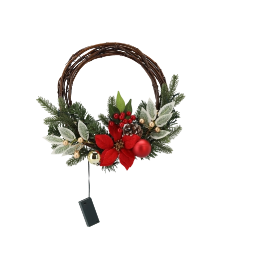 Coroniță de Crăciun suspendată din nuiele cu LED, 30 cm, roșu-auriu