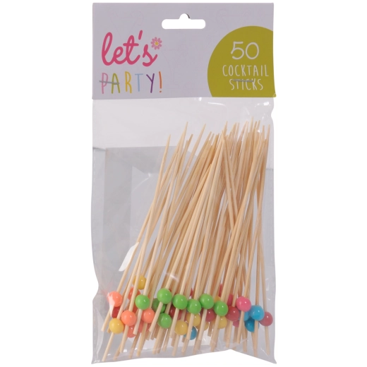 Scobitori pentru cocktail din bambus cu biluțe colorate 8 cm, 50 buc.