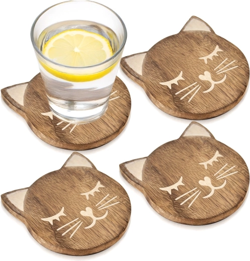 Suporturi din lemn de mango în formă de pisică 10 × 11 cm, set 4 buc