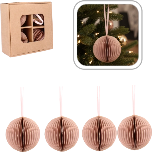 Set de ornamente de Crăciun din hârtie roz, 7 cm (4 buc.)