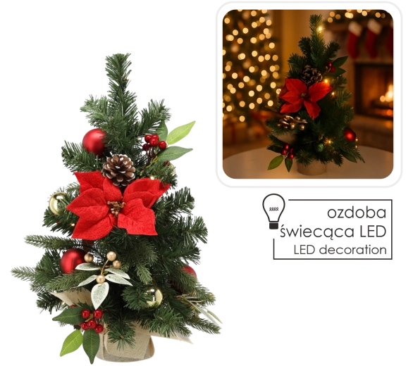 Brăduț decorativ de Crăciun cu 15 LED, 50 cm, roșu-auriu - 1 bucată