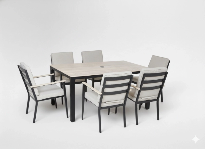 Set de dining pentru grădină din aluminiu, cu masă și 6 scaune, de culoare bej - 7 buc.