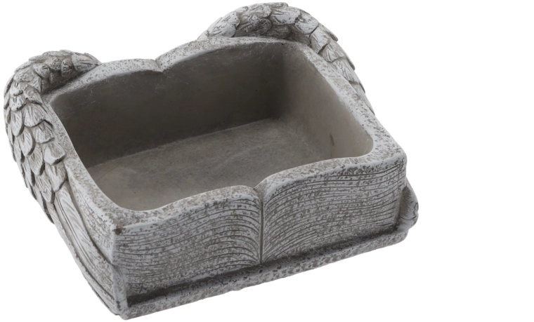 Ghiveci funerar din ciment în formă de carte cu aripi, gri, 22 × 18 × 9,5 cm
