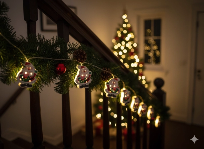 Șirag luminos LED de Crăciun din lemn cu Moș Crăciun, 10 lumini pe baterii