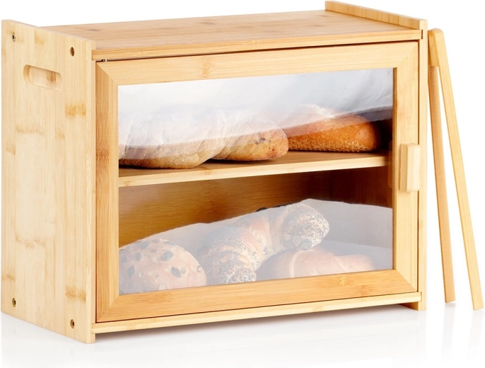 Cutie de pâine din bambus pe două niveluri cu clești 40 × 20 × 31 cm