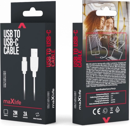 Maxlife cablu USB – USB‑C 2 m alb