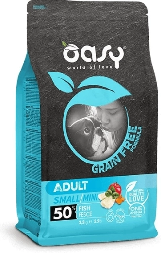 Oasy granule fără cereale pentru câini adulți Small/Mini cu pește 2,5 kg