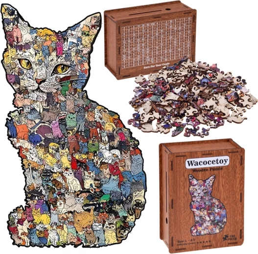 Puzzle din lemn Pisică 2în1 cu cutie–pușculiță (vintage), A3, 195 piese