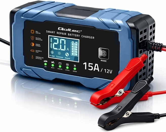 Încărcător inteligent pentru baterii auto Qoltec 12 V 15 A cu funcție de reparare pentru AGM/GEL/LiFePO4