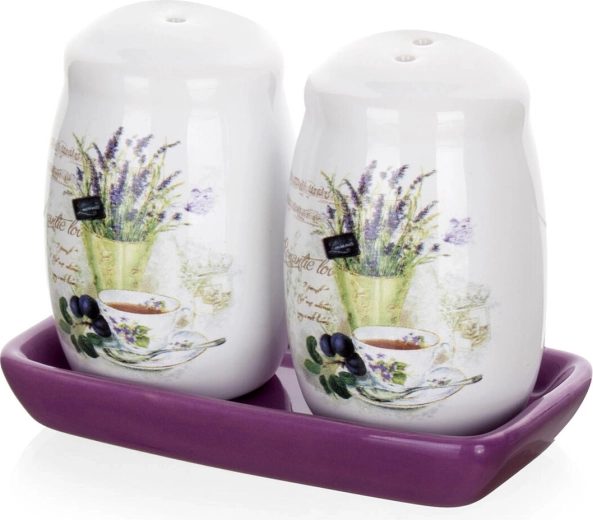Solniță și piperniță Lavender din ceramică cu tăviță