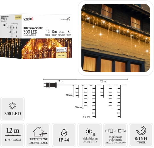 Perdea luminoasă – țurțuri 300 LED alb cald 15 m - 1 bucată