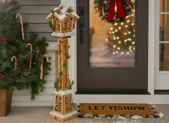 Felinar de Crăciun din lemn cu LED, 85 cm, maro