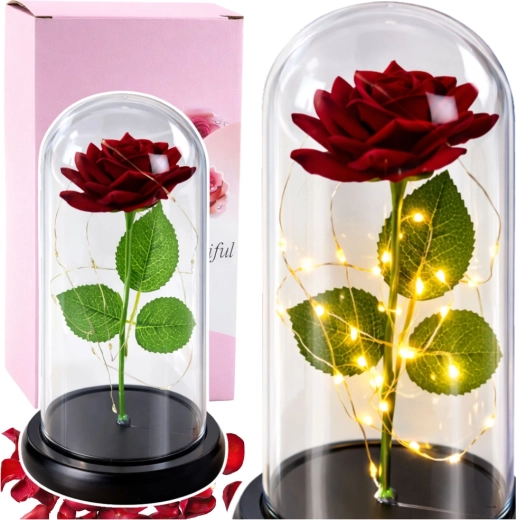 Trandafir roșu etern sub cupolă de sticlă cu iluminare LED