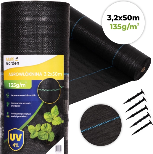 Agrotextil rezistent la UV împotriva buruienilor 135 g/m² 3,2 × 50 m cu țăruși MultiGarden