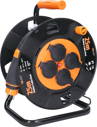 Solight prelungitor pe tambur 25 m, 4 prize, cablu din cauciuc, IP44