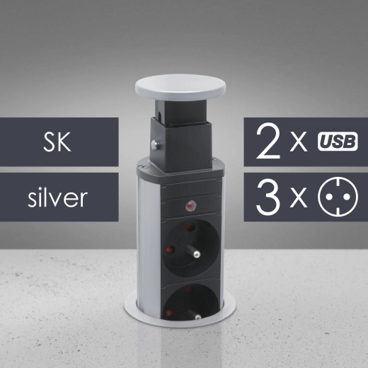 Priză de birou rabatabilă cu 3 prize și porturi USB, argintie