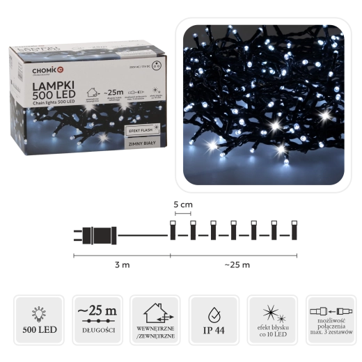 Lanț luminos LED de Crăciun 500 LED alb rece + flash rece, 28 m (25 m parte luminoasă) pentru utilizare la interior și exterior - 1 bucată