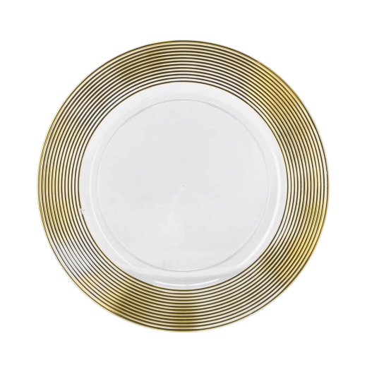 Suport decorativ pentru farfurie, rotund, 33 cm, transparent cu dungi aurii - 1 bucată