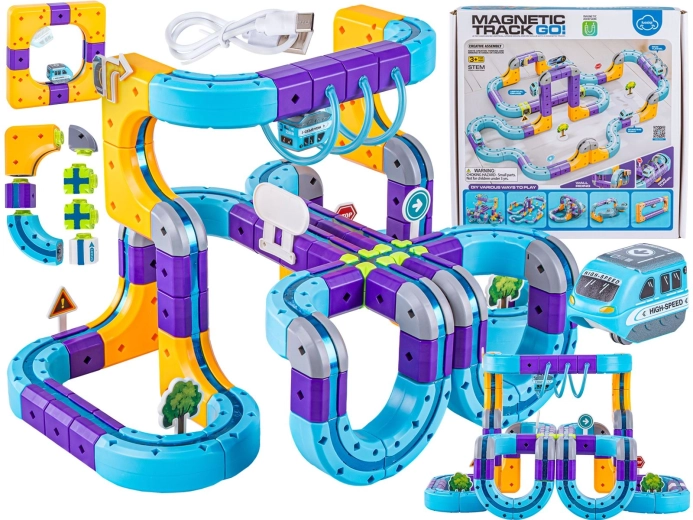 Set de construcție magnetic cu traseu pentru trenuleț – 114 piese