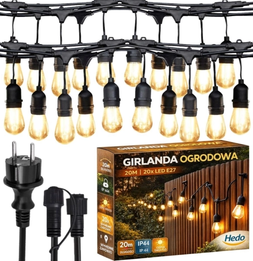Ghirlandă luminoasă de exterior 20 m cu 20 becuri LED interschimbabile E27, alb cald, IP44
