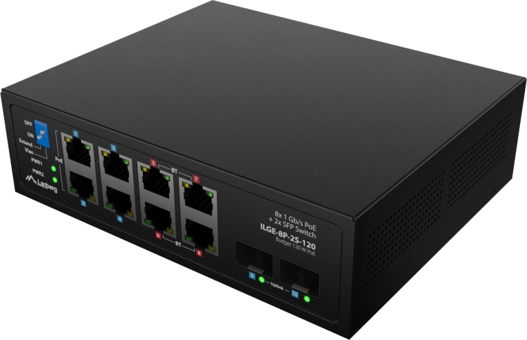 8× Gigabit PoE + 2× uplink SFP pentru o topologie flexibilă