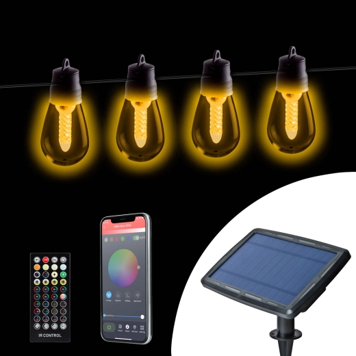 Ghirlandă luminoasă solară cu 25 de becuri LED albe și control Bluetooth