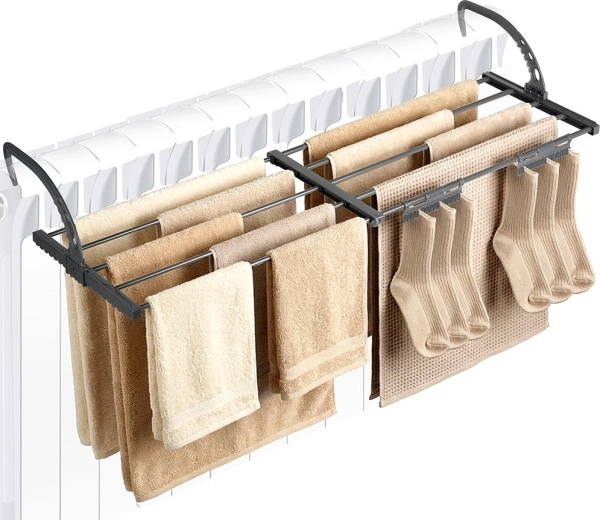 Uscător extensibil pentru calorifer, metalic, gri, 68,5–123 × 35 cm