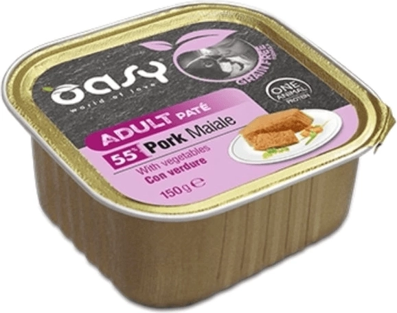 Oasy pate fără cereale pentru câini adulți, porc cu legume 150 g