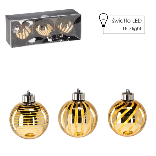 Set de globuri aurii din sticlă cu LED, 8 cm, 3 buc.