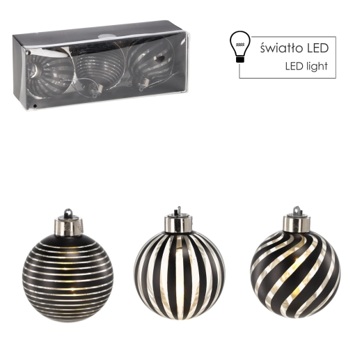 Set de globuri de Crăciun din sticlă cu iluminare LED argintie 8 cm (3 buc) Chomik