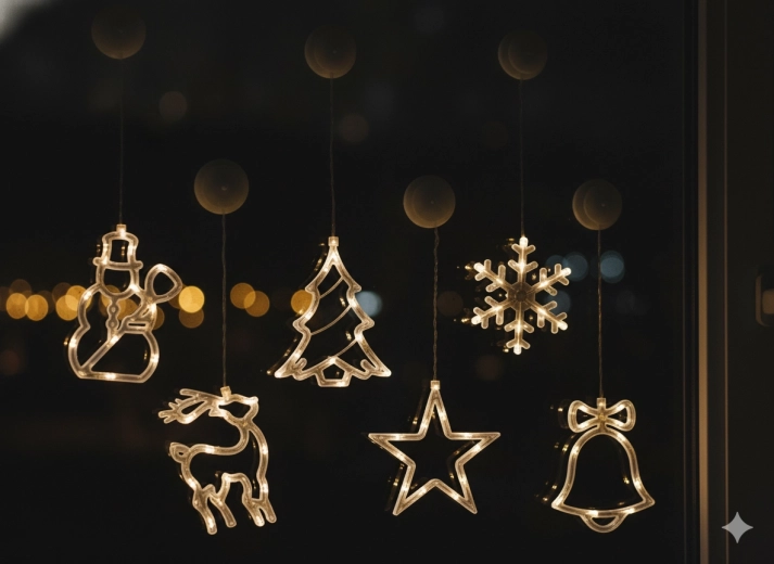 Decorațiune LED de fereastră cu ventuză pe baterii, alb cald, mix 6 forme