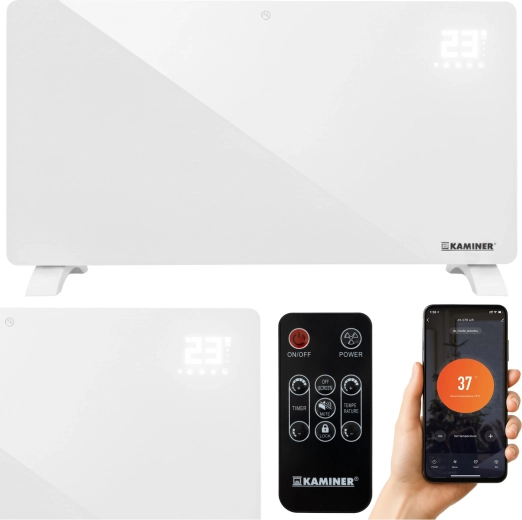 Convector electric din sticlă Kaminer Zelva 2500 W cu control Wi‑Fi și telecomandă