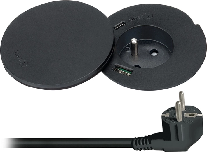Solight priză încastrabilă în birou cu USB-A/USB-C și încărcare wireless 10 W, capac rotativ, neagră - 1 bucată
