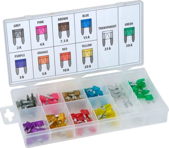 Set de siguranțe auto mini cu lamele, în cutie, 100 buc., 2–30 A