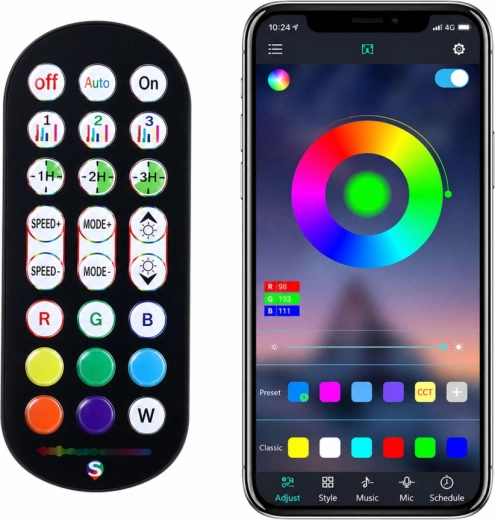 Control prin aplicație și telecomandă + mod muzical și temporizator