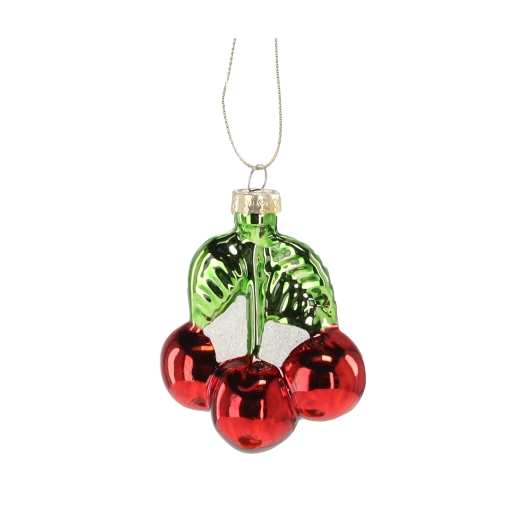 Glob de Crăciun din sticlă, cireșe cu frunze, set 12 buc.