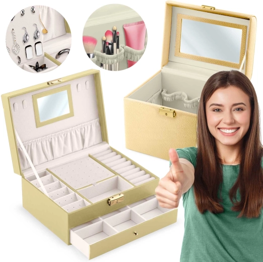 Set Massido format din cutie pentru bijuterii și geantă cosmetică, de culoare aurie - 2 buc.