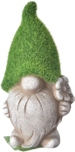 Gnom decorativ din ceramică cu mușchi, gri, 19 cm