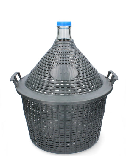 Damigeană de sticlă 25 l cu gât îngust și coș din plastic