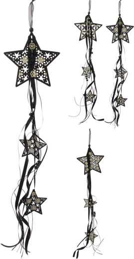 Stea suspendată din lemn cu panglici 16 cm – decorațiune negru‑aurie