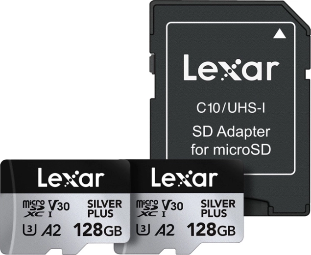 Set de 2 carduri de memorie LEXAR High-Performance Silver Plus microSDXC 128 GB + adaptor