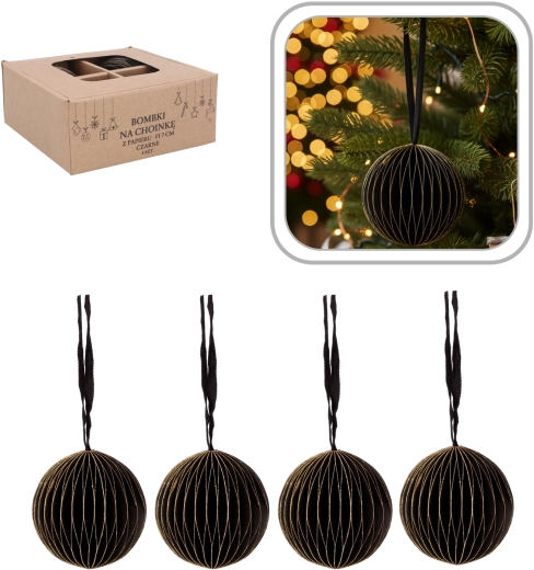 Set de globuri de Crăciun din hârtie negre 7 cm (4 buc) Chomik