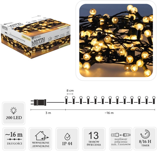 Ghirlandă luminoasă LED Cherry Ball, 200 de LED-uri, alb cald, 16 m