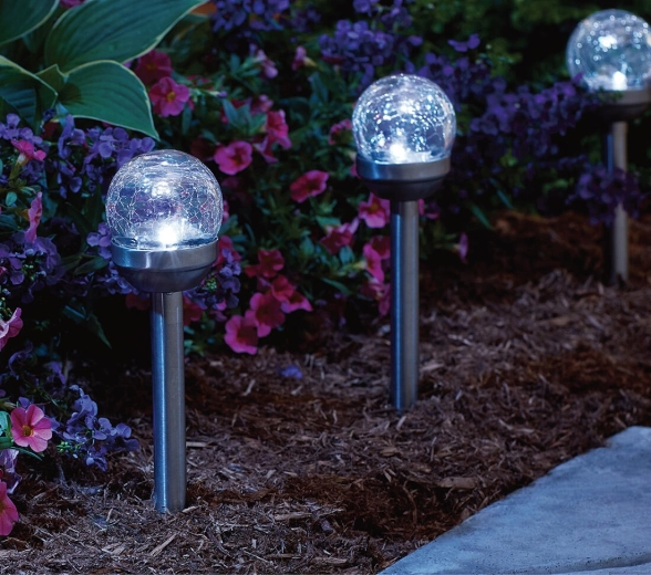 Lampă solară de grădină tip sferă 6 cm cu schimbare de culori, inox/sticlă, IP44
